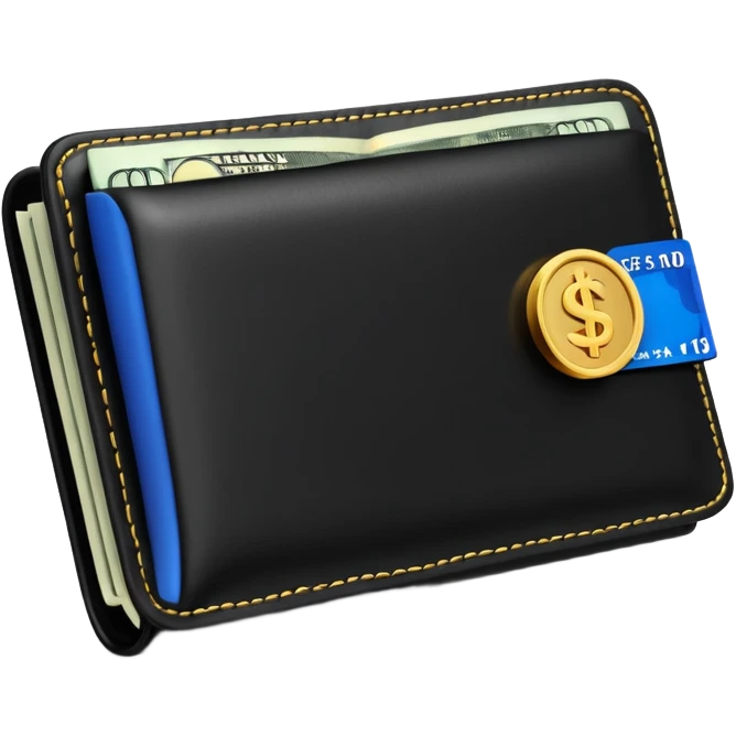 Rich emoji style black leather wallet with dollar bills, luxury money vibe, premium 3D emoji, ultra clean, high detail, no background
 emoji