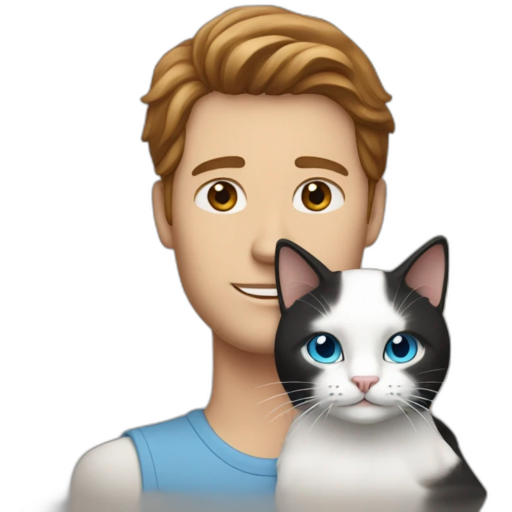 a white guy with blue eyes and long brown hair holding his white black cat emoji