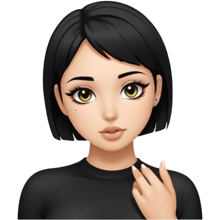 Latina girl, black short hair to the boobs, long eyelashes, perfect clean girl makeup, medium boobs, in a tight black shirt, with a nose piercing  emoji