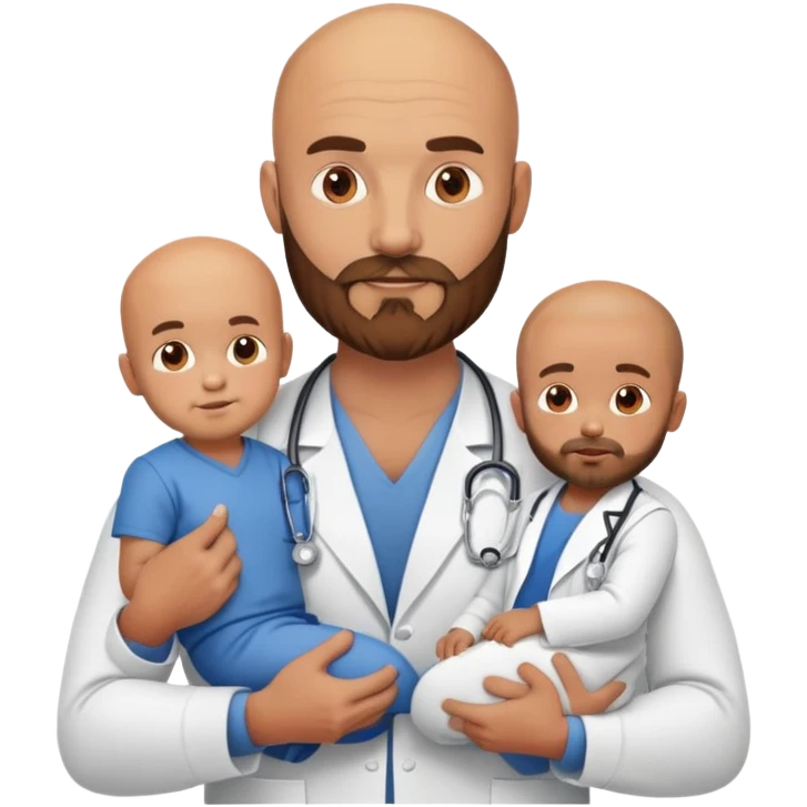 Muscular bald doctor with brown beard holding 3 sons emoji