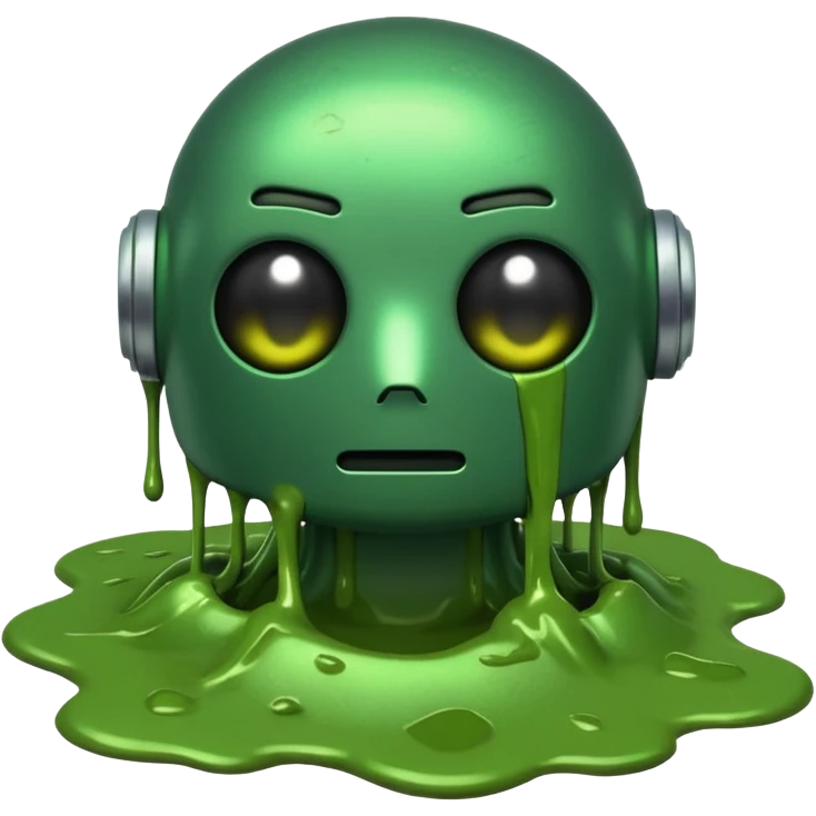An emoji of a green robot melting away covered in thick green sludge sad and depressed  emoji