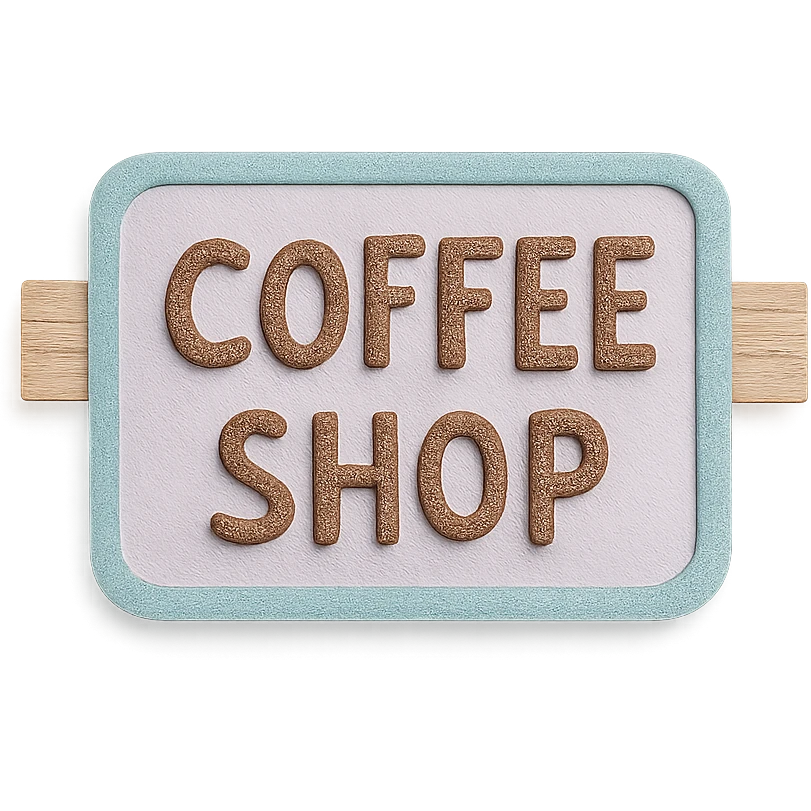 pastel wood signboard with 'Coffee Shop' text, hand-drawn style emoji