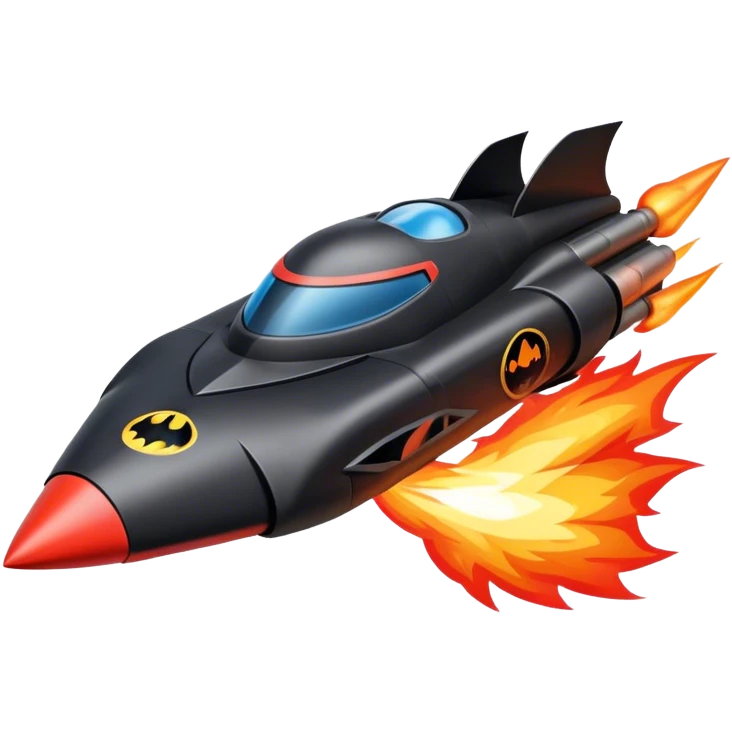 batmobile in rocket ship boom rocket at take-off in fire emoji
