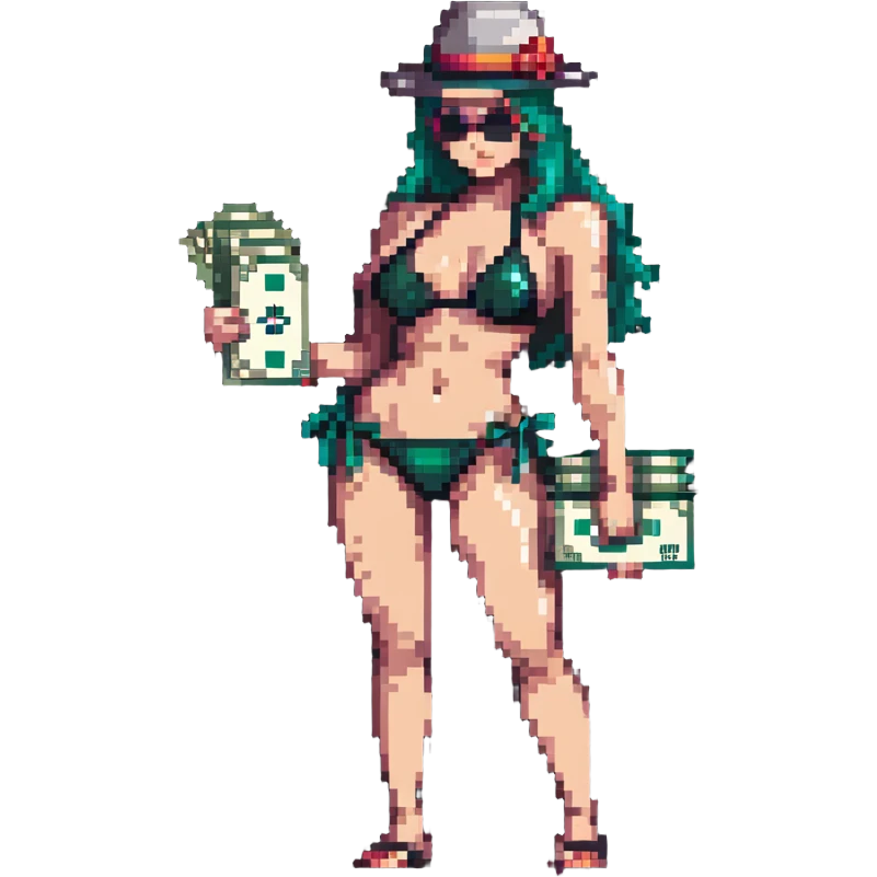 gangster in a bikini, holding a wad of cash emoji