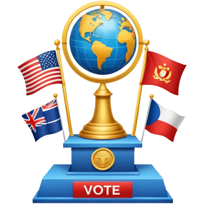 An icon featuring a podium with a speaker, national flags, and voting ballots, symbolizing political science. The design includes a globe and scales of justice in the background, representing governance, global affairs, and political theory. Transparent background emphasizes civic engagement emoji