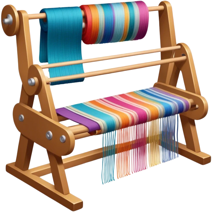 Weaving icon, loom with colorful fabric being woven, visible shuttle, spools of yarn, fabric swatches, sewing patterns, and finished clothes, minimalistic style, clean lines, transparent background. emoji