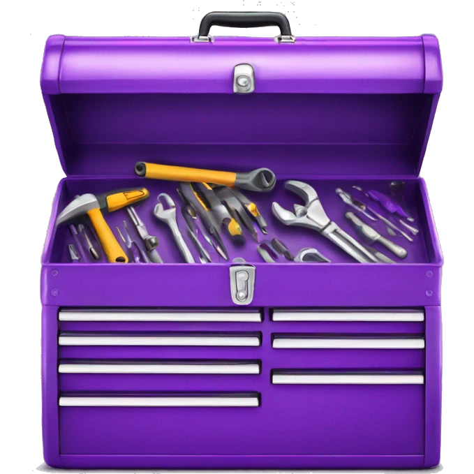 Realistic metallic purple tool box with top open and tools inside of it isolated.  emoji