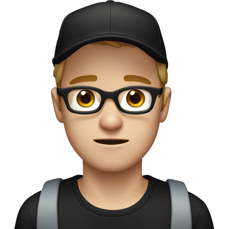 white male with blue eyes, black glasses, black cap and black t-shirt crying emoji