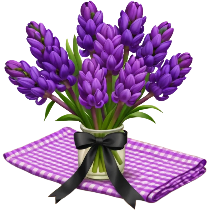 A lush bouquet of bright prple color Hyacinths black satin ribbon, resting on an antique wooden table, with a pale yellow and pink plaid pattern table cloth emoji