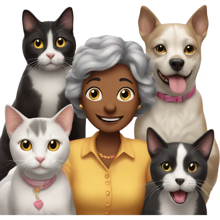 Five cats one dog and an older lady saying happy birthday emoji