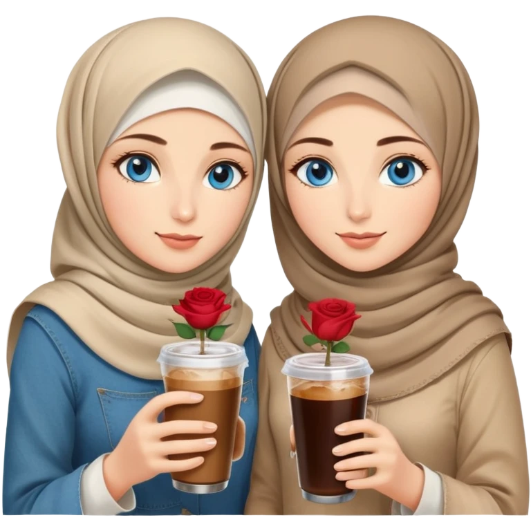 Turkish beautiful finish Konya two girls blue eyes with beige denim hijab islamic dress and had on her hand Rose Cold brew coffee   emoji