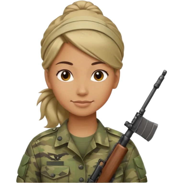 Apple emoji look — female soldier, no cap/helmet, bust, neutral smile, generic camo shirt, hair tied back, soft gradients, no weapon emoji