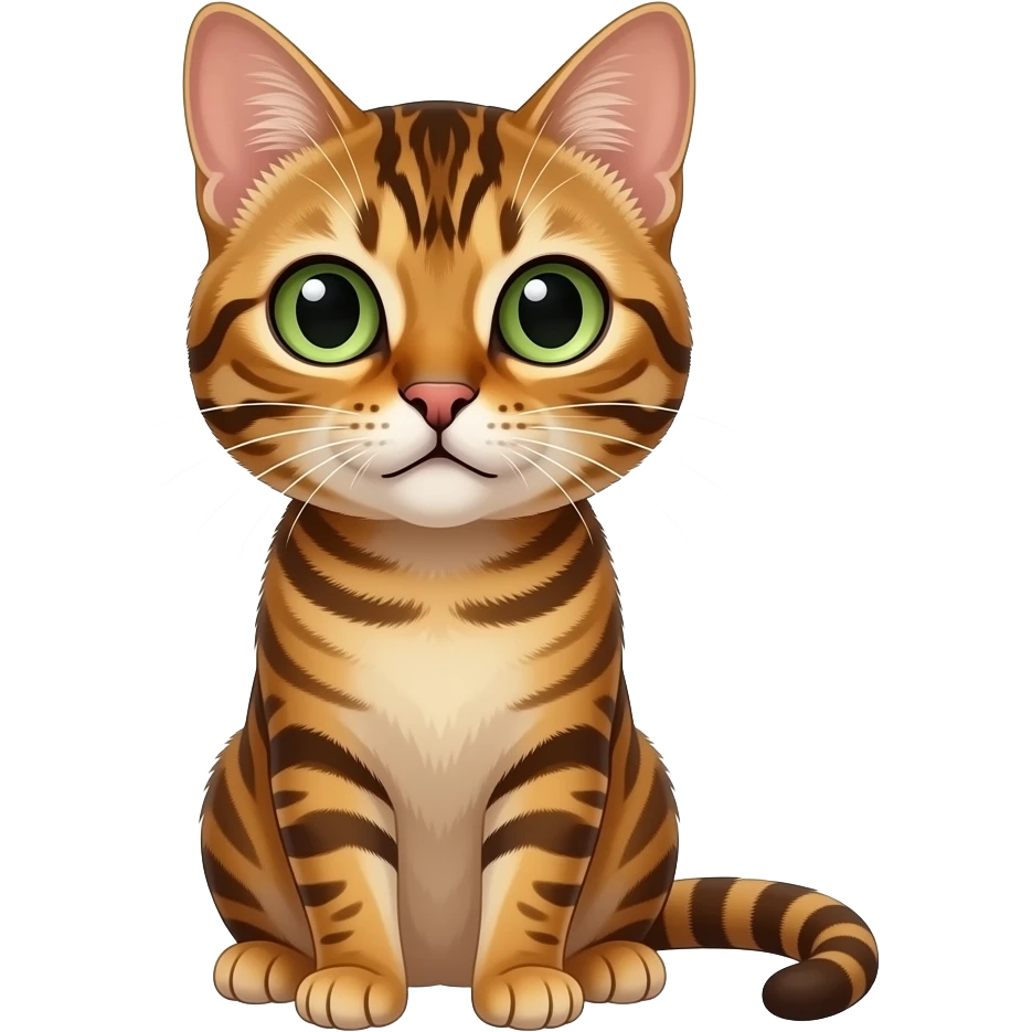 A brown bengal cat with big eyes and light green eyes and a brown poddle on a cat emoji