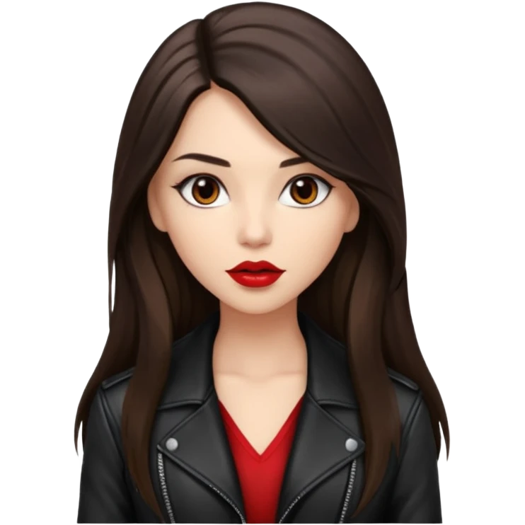 brunette with very long hair in black cuir jacket with red lips and very dark brown eyes emoji
