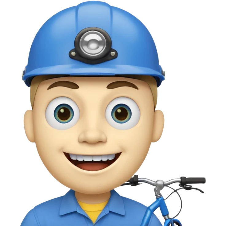 A round head puppet with 2 buck teeth a blue bike helmet and a round nose with a pencil in it also he has a unibrow and blue eyes and a yellow shirt that says jeffy emoji