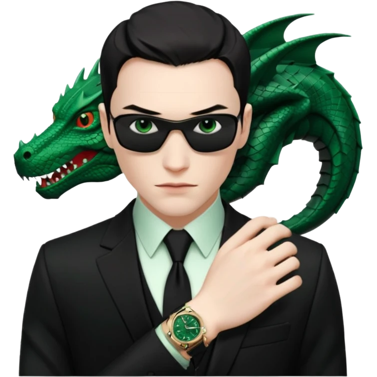 mysterious scenery: green audemars piguet watch (without text), black bugatti, and a dark green dragon, and a mysterious agent from The Matrix emoji