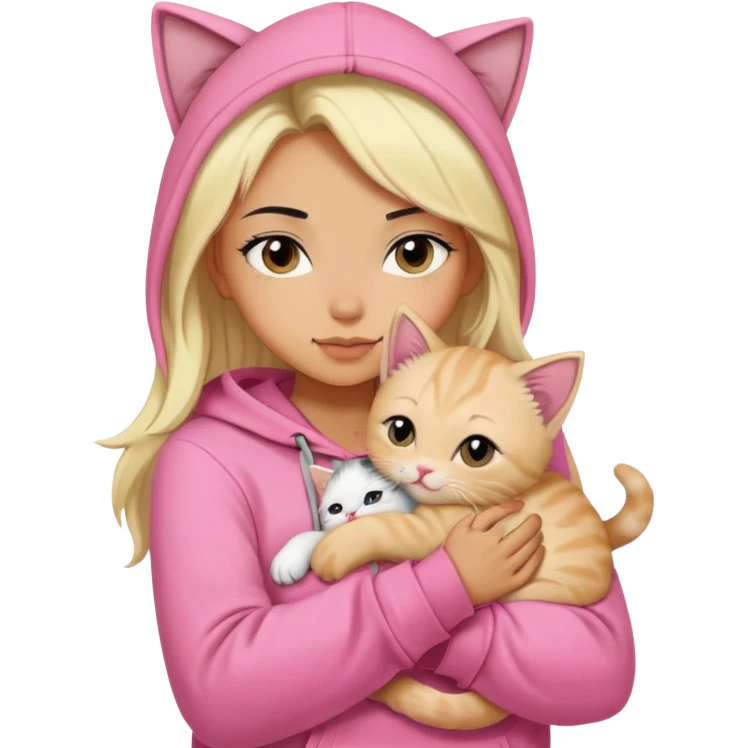 pretty woman wear pink hoodie and her hair is black..hugs a blonde kitten  emoji