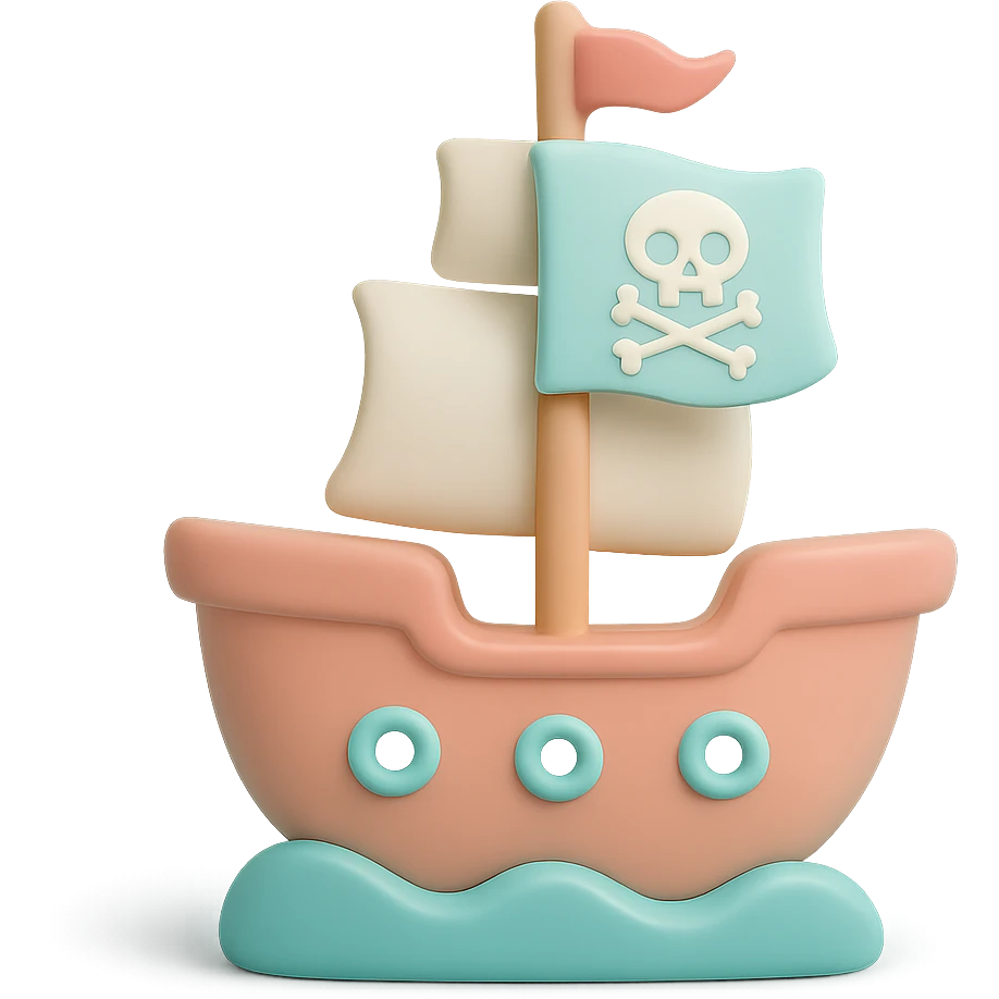cartoon pirate ship with sails and flag, smooth glossy vinyl figure, minimalist design, pastel colors emoji