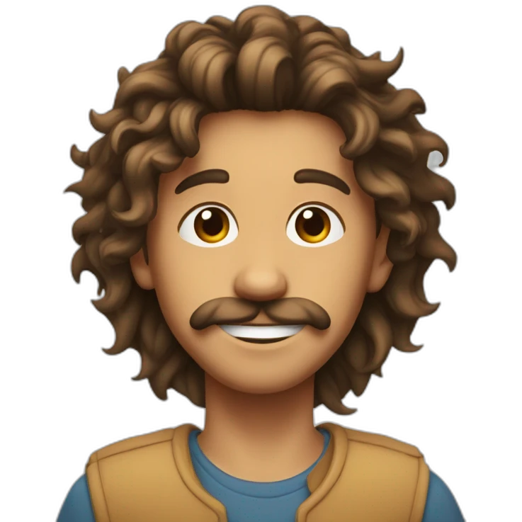 a boy with a Long, brown spiral hair, long face with mustache, spike hair, and chin hair emoji