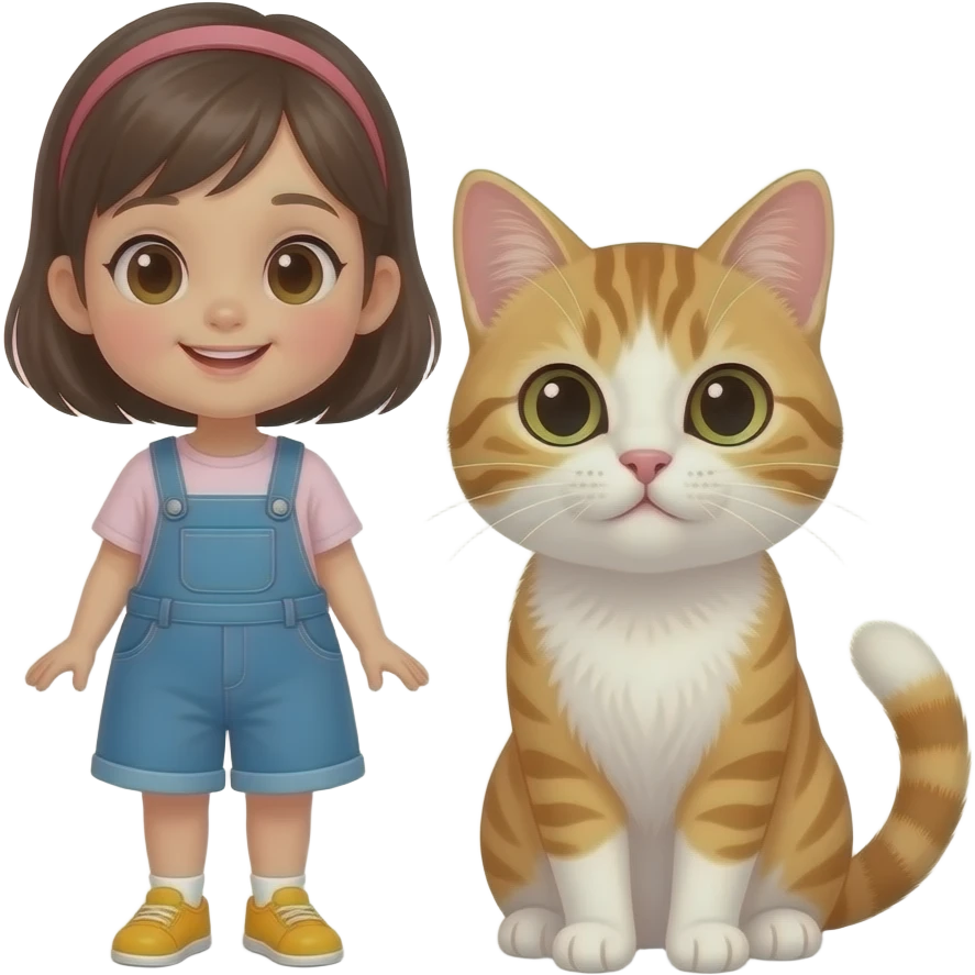 A little girl next to her little cat emoji