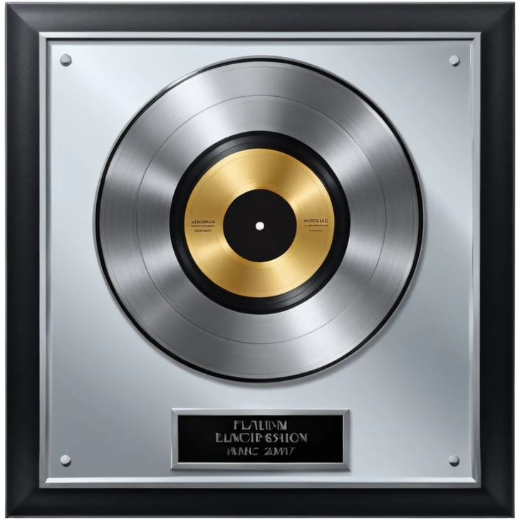 A platinum music award plaque: a square, polished platinum plate with a subtly textured, mirror-like finish, mounted on a simple dark metal base. The center features a relief of a or stylized vinyl record in a slightly darker metallic tone.  emoji