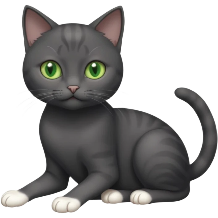 beautiful female solid dark grey cat with green eyes, white toes/paws and white patch on her chest playing emoji