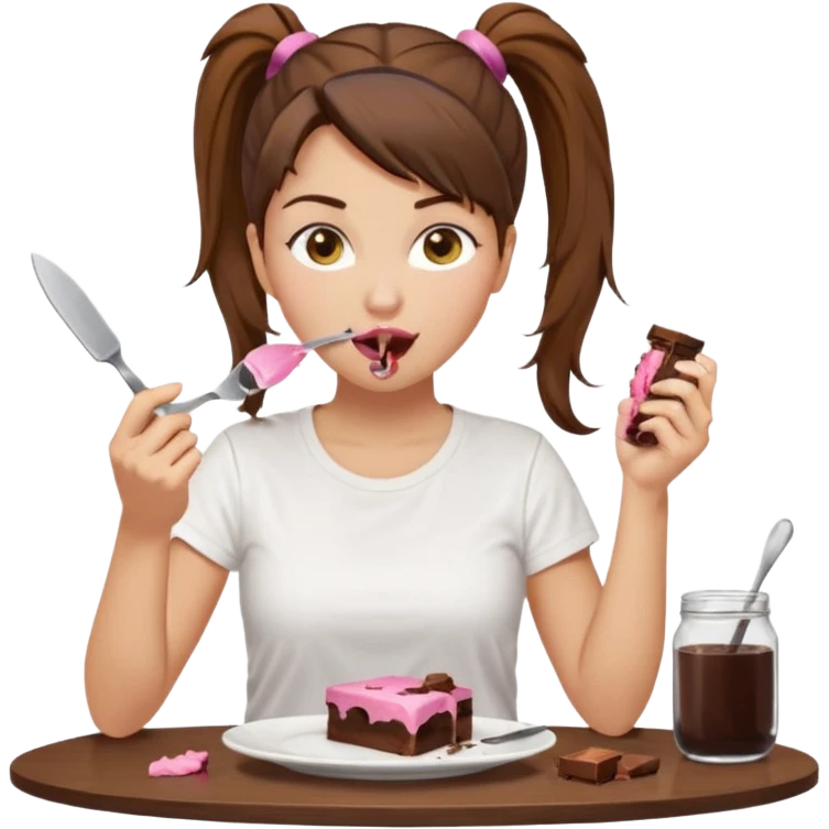 yellow-skinned woman with brown hair in a ponytail, wearing a white T-shirt. She’s sitting at a table, licking chocolate off a knife and holding a 'Banado' jar. On the table: a plate with crumbs, a fork, a glass of dark drink, and a pink lid. Simple brown background. emoji