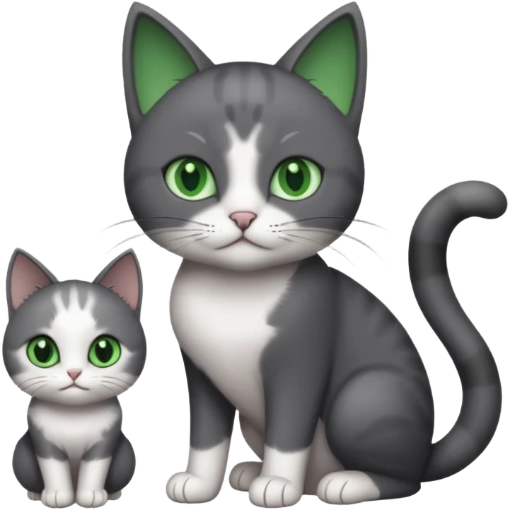 2 different coloured small cats including a dark grey and white and a completely solid dark grey with green eyes and only white paws emoji