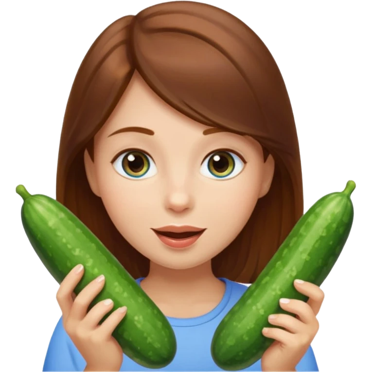 I want a brown hair blue eyes girl emoji, sucking a cucumber and holding two more in her hands emoji