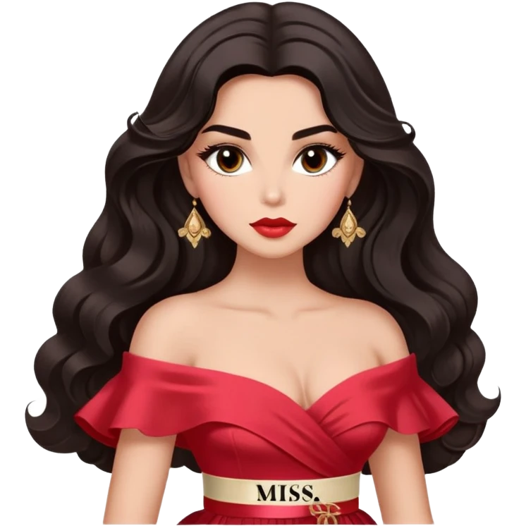 A woman with almond-toned skin, dark voluminous hair in waves, expressive eyes with soft lashes and shimmer, full lips with a glossy nude-pink color, wearing a red dress and a white sash with “Miss San Juan” in black letters, exuding elegance and confidence. emoji