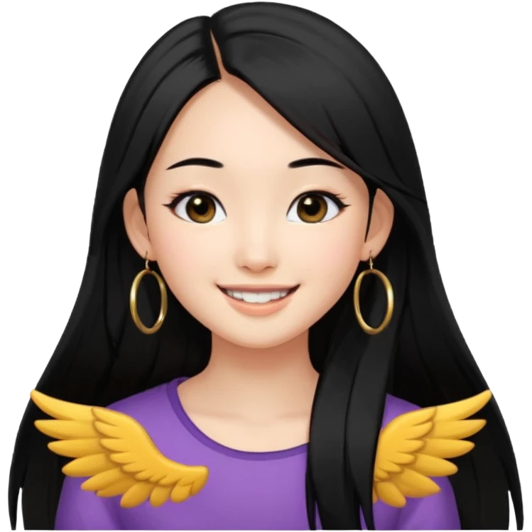 A Asian girl with fare skin and hoop earrings, long straight black hair with black eyes, smiling with a open wings eyeliner emoji