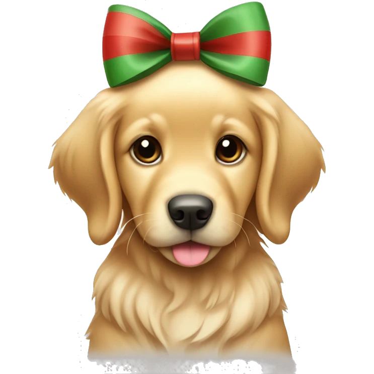 cute golden retriever puppy with two red and green striped bows on its ears emoji