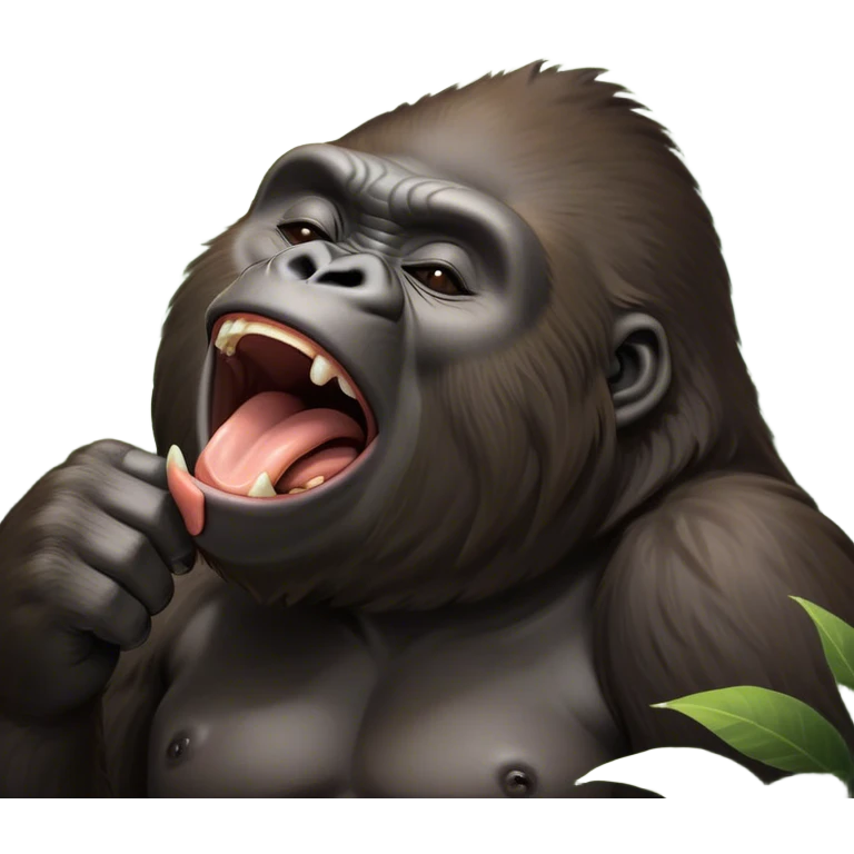 Cinematic Cute Yawning Gorilla Portrait Emoji, Head tilted slightly with a dramatic, wide-open yawn, showcasing a thick, velvety Fur with drowsy, half-closed eyes and a relaxed, open expression, Simplified yet irresistibly adorable features, highly detailed, glowing with a soft, cozy jungle glow, high shine, relaxed yet expressive, stylized with a dash of whimsical primate charm, soft glowing outline, capturing the essence of a drowsy yet affectionate guardian that appears ready to stretch out for a nap! emoji