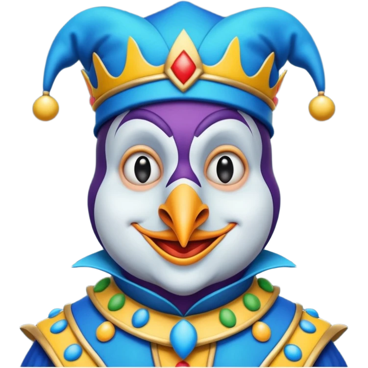 crazy colorful neutral penguin jolly joker, medieval, vintage, court jester, mac os icon, blue color emoji