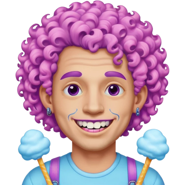 very cheerful colorful puffy violet curly haired man made out of cotton candy wearing teeth-braces and tattoos and face tattoos just face  emoji