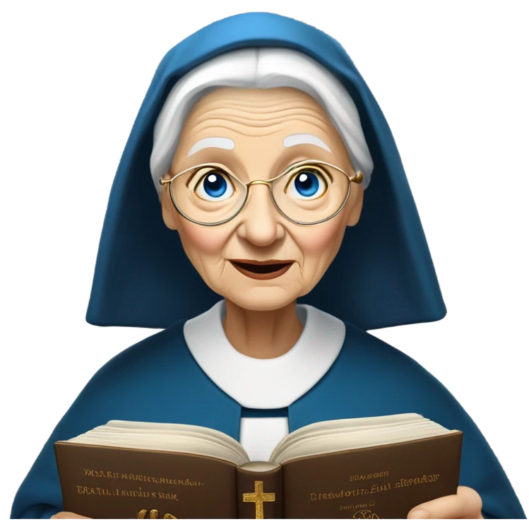 Really old woman who is white and has bright saphire blue eye colour and has some wrinkles on her face and her neck and she has golden blonde wringlets  lots and lots of them and she is a nun reading the holy Bible scriptures to herself  emoji