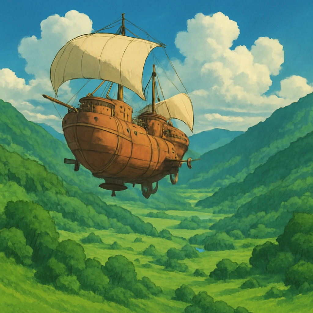 flying airship over a lush green valley emoji