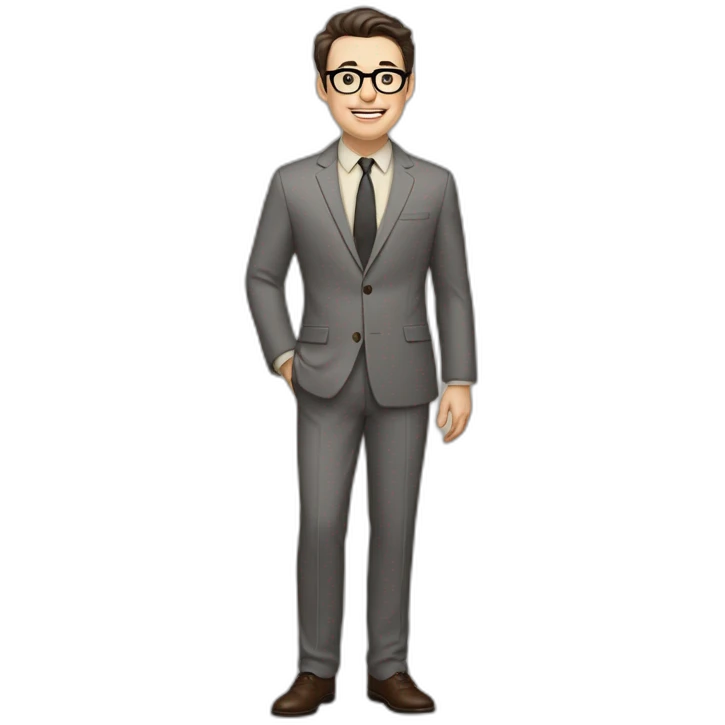 Full height Pale skinned Fit Man With dark brown hair in classic gray suit, beige office shirt, dark gray tie, and vintage glasses. Thrumbs of his palms directed up emoji