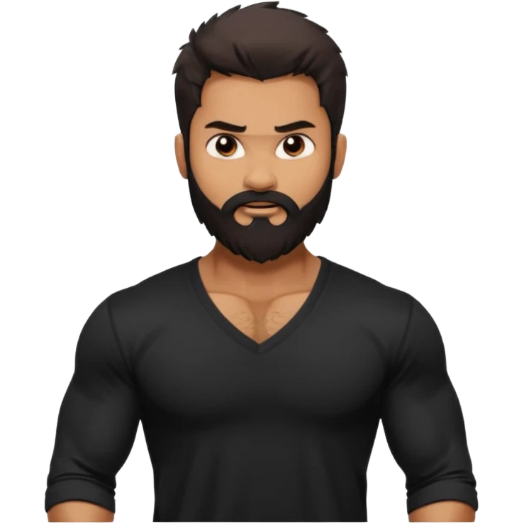 generate a pretty bratz Shahid kapoor with heavy beard and looking angry.
Make him wear a black full sleeve v neck tshirt. muscular but still lean
He shoudl look like shahid kapoor emoji