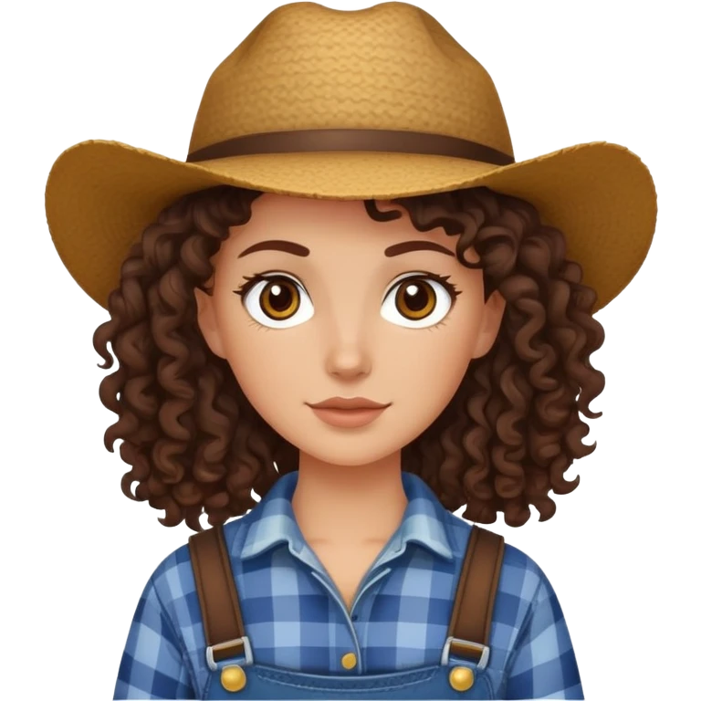 white girl with dark brown curly hair, brown eyes, wearing farm clothes emoji