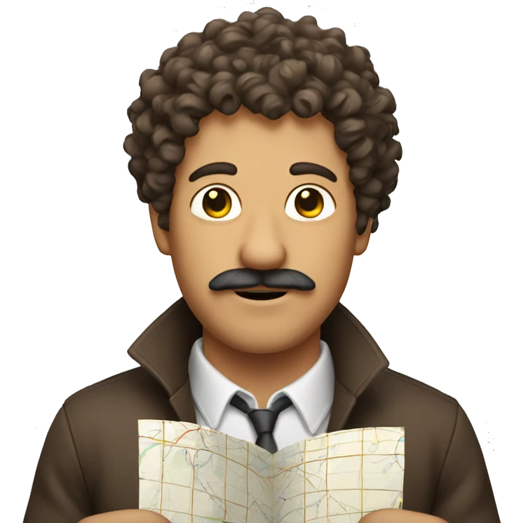 A curly hair man with moustache holding a map emoji