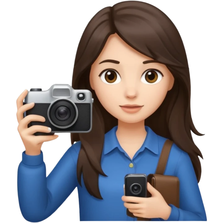a brunette girl with loose hair below her shoulder holds a camera and a phone in her hands emoji