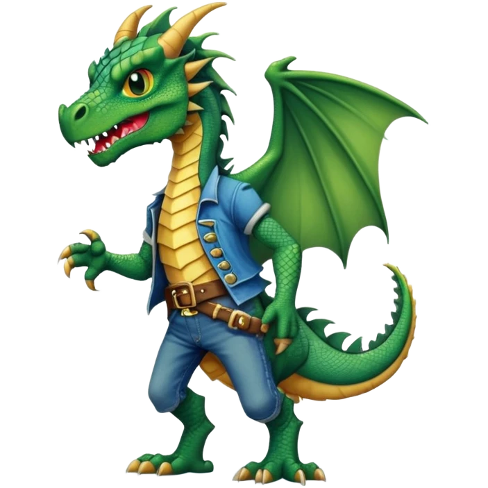anthropomorphised dragon in a band t-shirt and jeans wearing a pirate eye-patch walking upright emoji