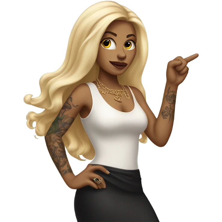 Blonde elegant women with LONG HAIR, her Body Covered with Tattoos, POINTING YOU FORWARD with her HAND with INDEX FINGER, Hyper Realistic emoji