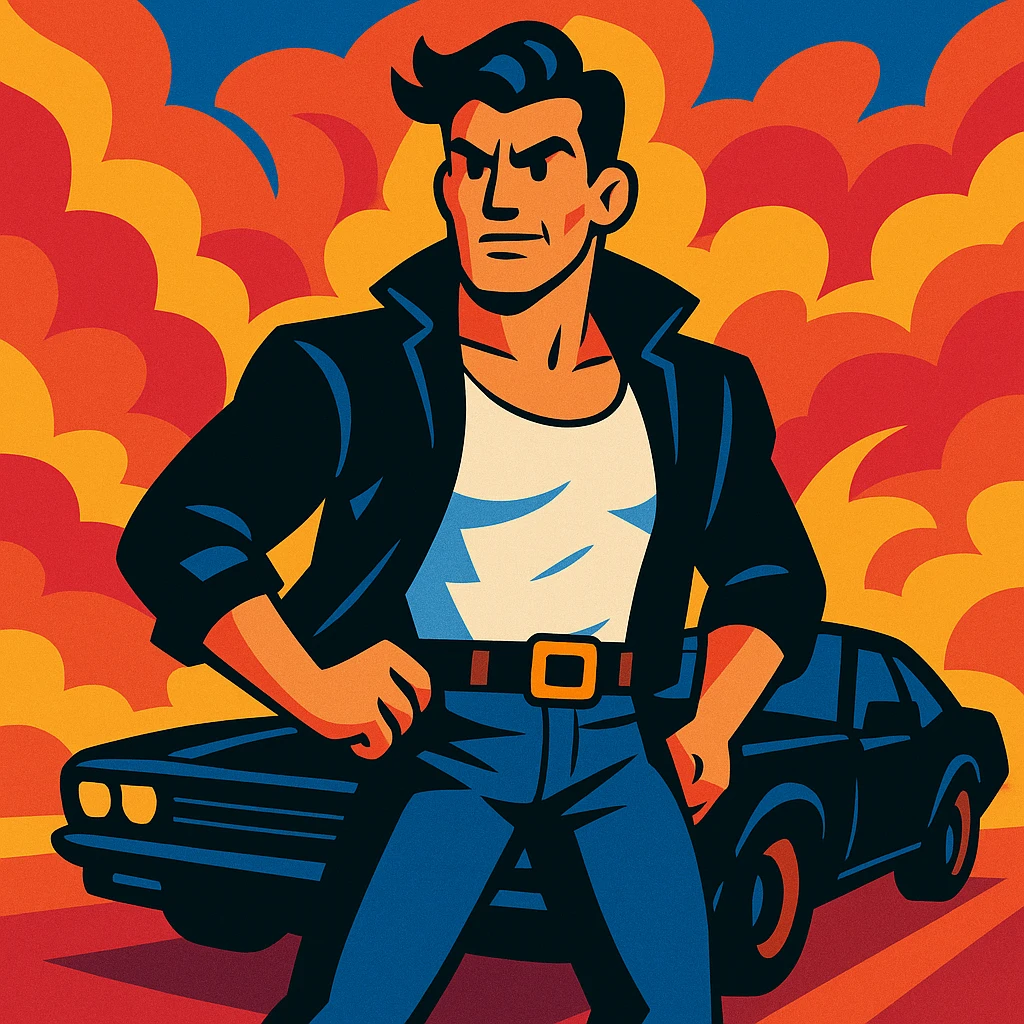 Action hero in a white tank top and black jacket, black car behind, bold and dynamic style emoji