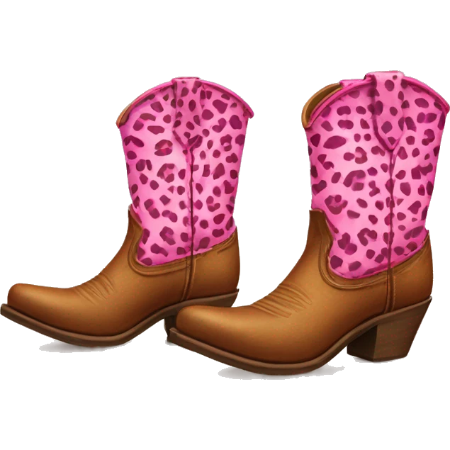 Realistic pair of isolated leather cowgirl boots with pink leopard print hearts on them. emoji