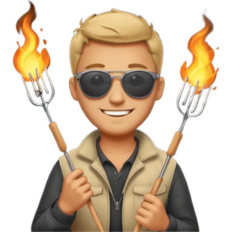 A guy in sunglasses holding tongs, proudly turning skewers over glowing charcoal. emoji