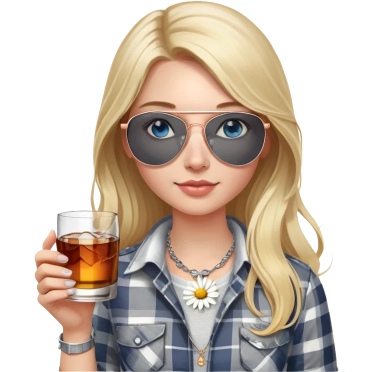 girl
blue eyes
long blond hair with daisy in it
wearing grey/white plaid shirt
wearing aviator sunglasses
wearing silver necklace around her neck
holding a glass of whiskey 
wearing rose gold apple watch  emoji