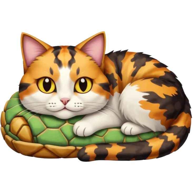 Tortious shell cat loafing and laying with tonge out with yellow eyes emoji