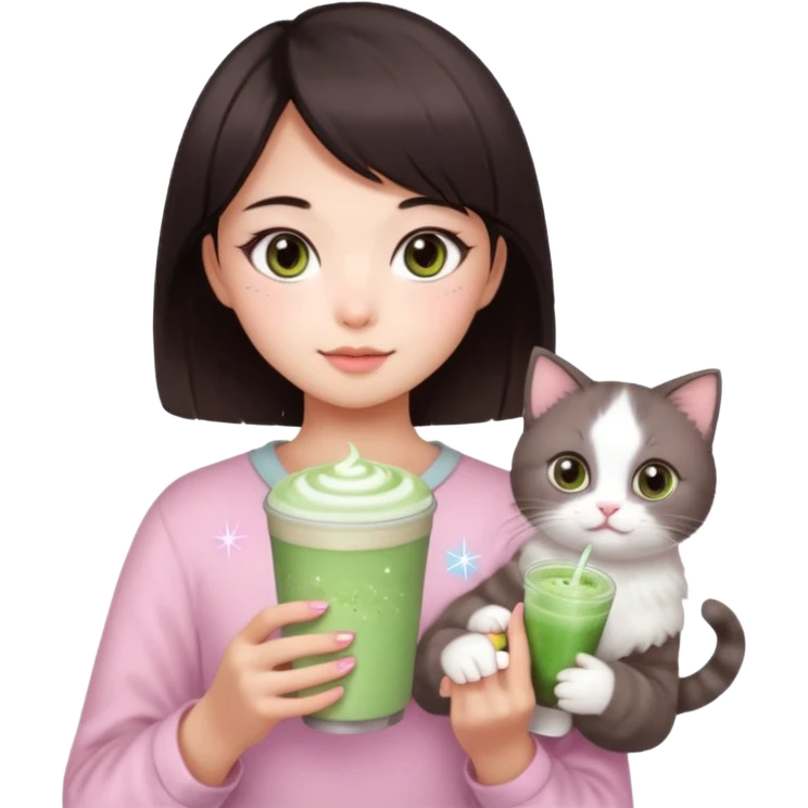 asian girl with short dark brown hair and dark brown eyes with a soft girl pink glowup aesthetic. matcha latte sparkles girly things, 2 ragdoll cat emoji